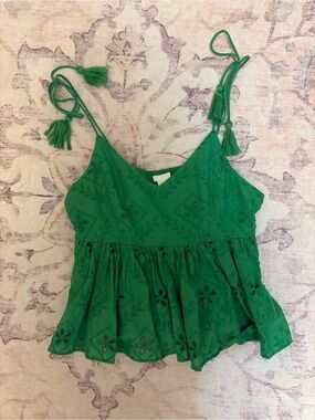 H&M Green Embroidered Tie-Shoulder Peplum Tank Top